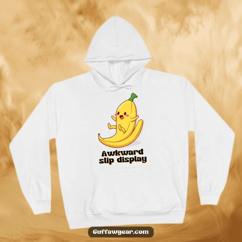 Funny hoodie featuring a food character comically slipping on a banana peel, legs flailing, a humorous and relatable moment of gravity's victory.