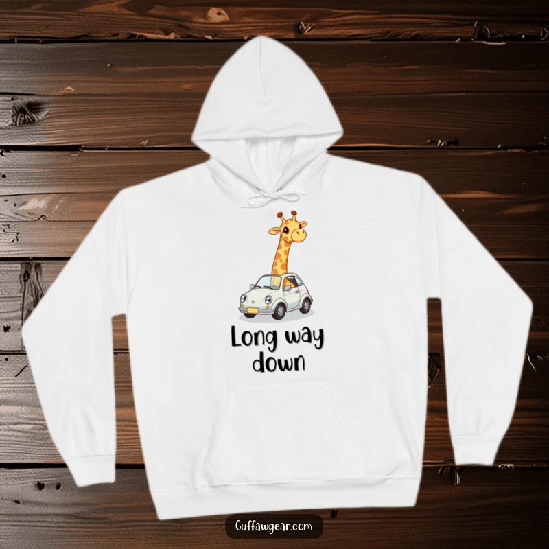 Funny hoodie depicting a giraffe struggling to fit into a tiny car, perfect for cozy wear and expressing relatable awkwardness.