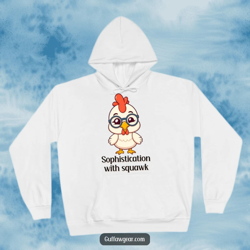 Funny rubber chicken with a monocle winking playfully, a dapper and humorous design on a cozy hoodie for ultimate comfort.