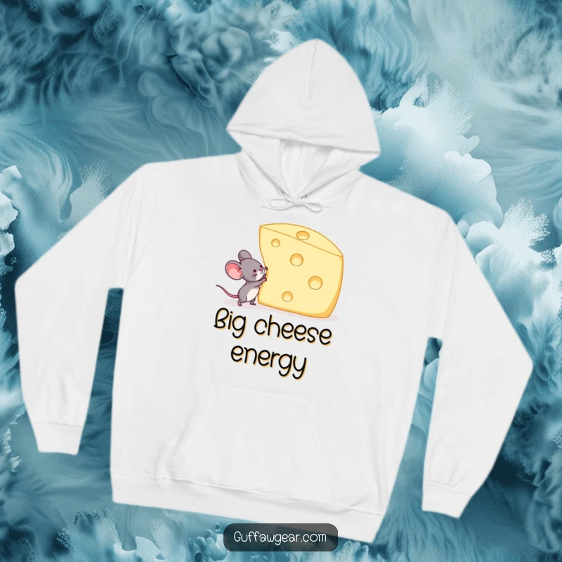 Funny hoodie featuring a mouse heroically trying to lift a massive Swiss cheese chunk, perfect for cozy moments and motivational wear.