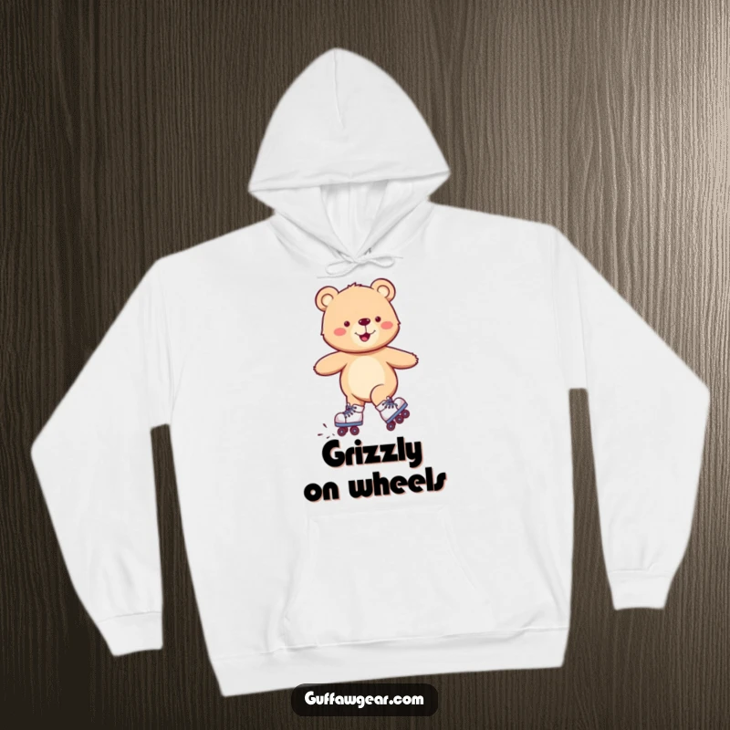 Funny hoodie featuring a smiling bear wearing roller skates, comically wobbling but happy, soft and warm for cozy days.