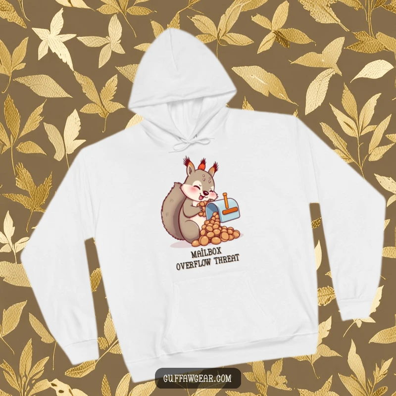 Funny Squirrel Hoodie: A comical squirrel attempts to stuff a huge pile of nuts into a tiny mailbox, designed for warmth.