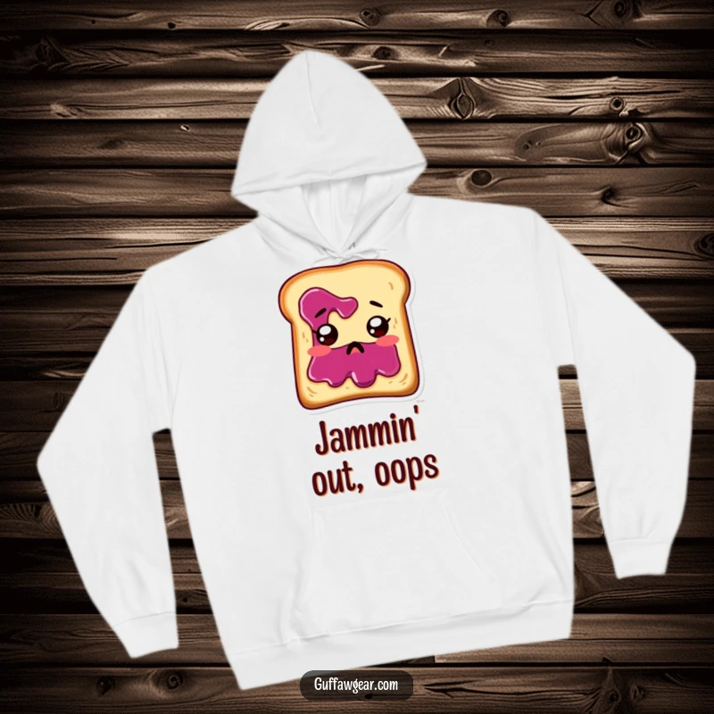 Funny toast with jam running down its face, looking startled, on a soft, warm hoodie.
