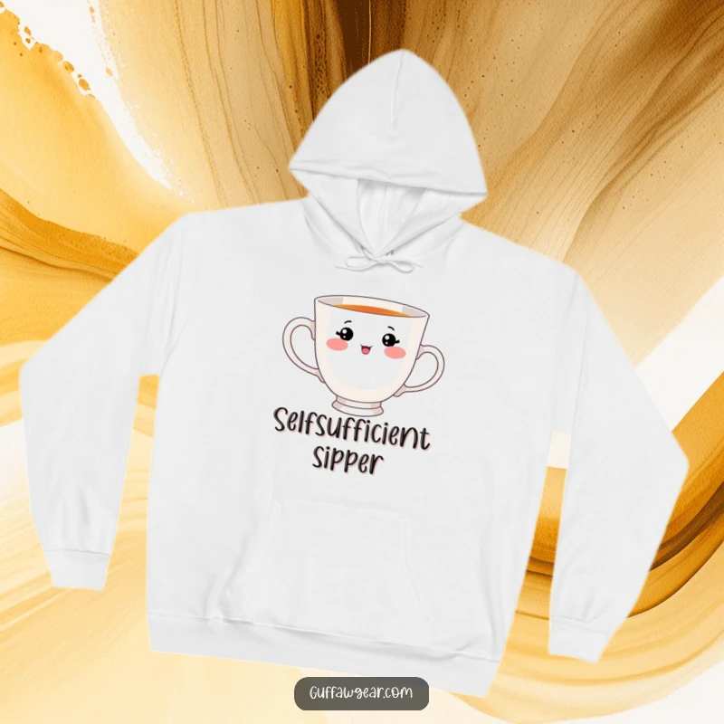 Funny hoodie featuring a teacup with an adorable face, comically trying to drink from its own handle, perfect for cozy, lighthearted moments.