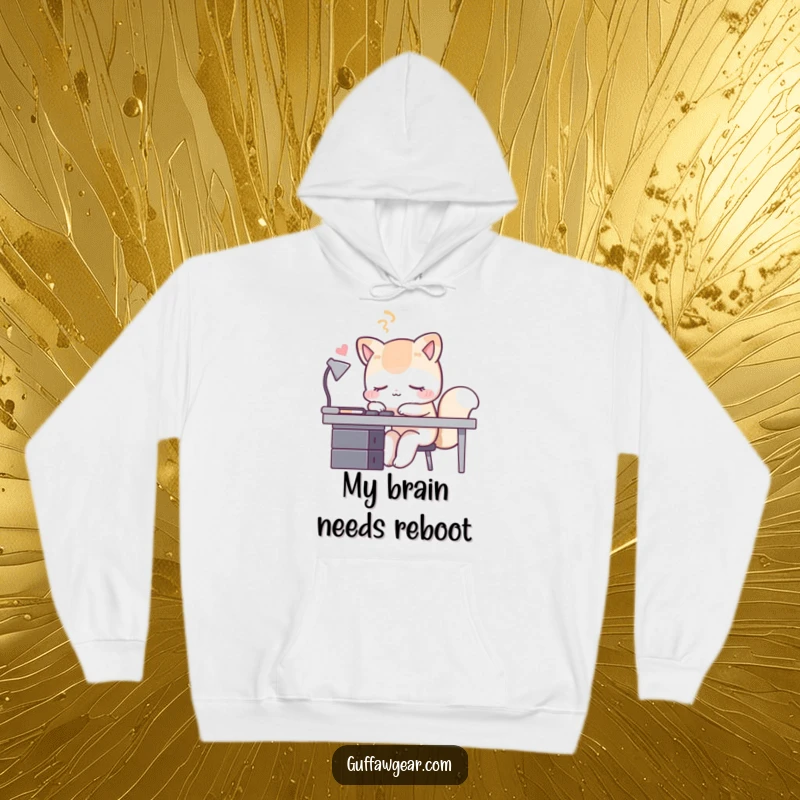 Funny sleeping fox hoodie, showing a cunning fox pretending to be asleep at its office workstation, perfect for cozy humor.