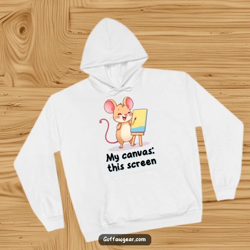 Funny Kawaii computer mouse painting a masterpiece, a warm and humorous hoodie for art lovers.