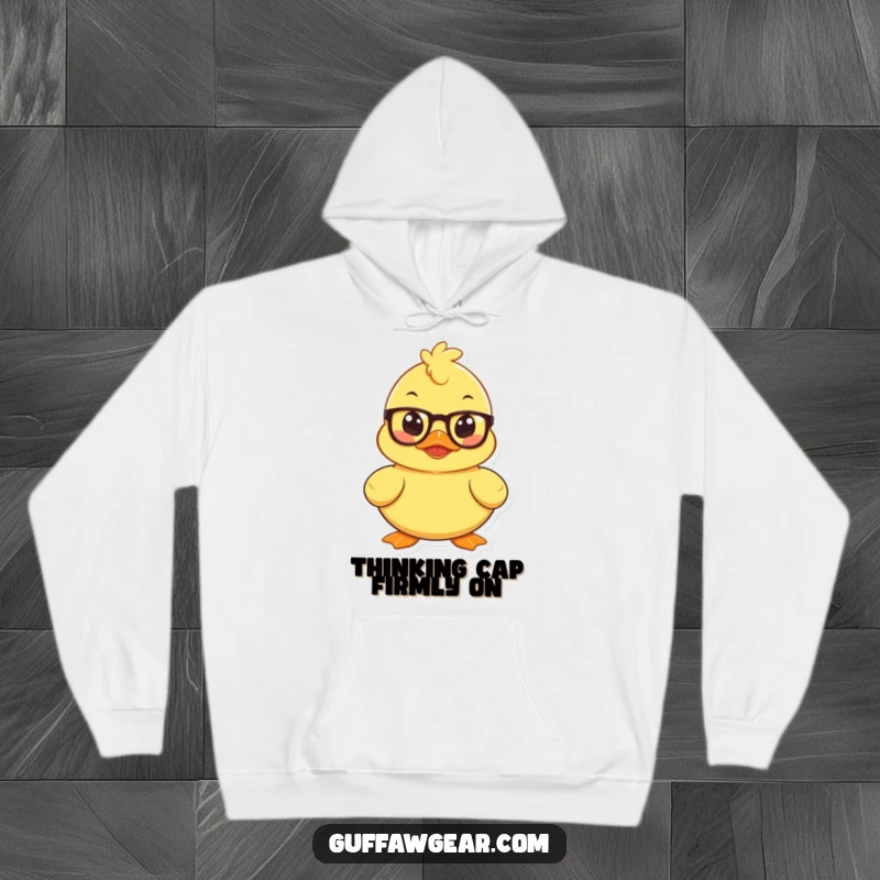 Funny hoodie with a mischievous rubber duck wearing spectacles, looking clever and plotting its next move.