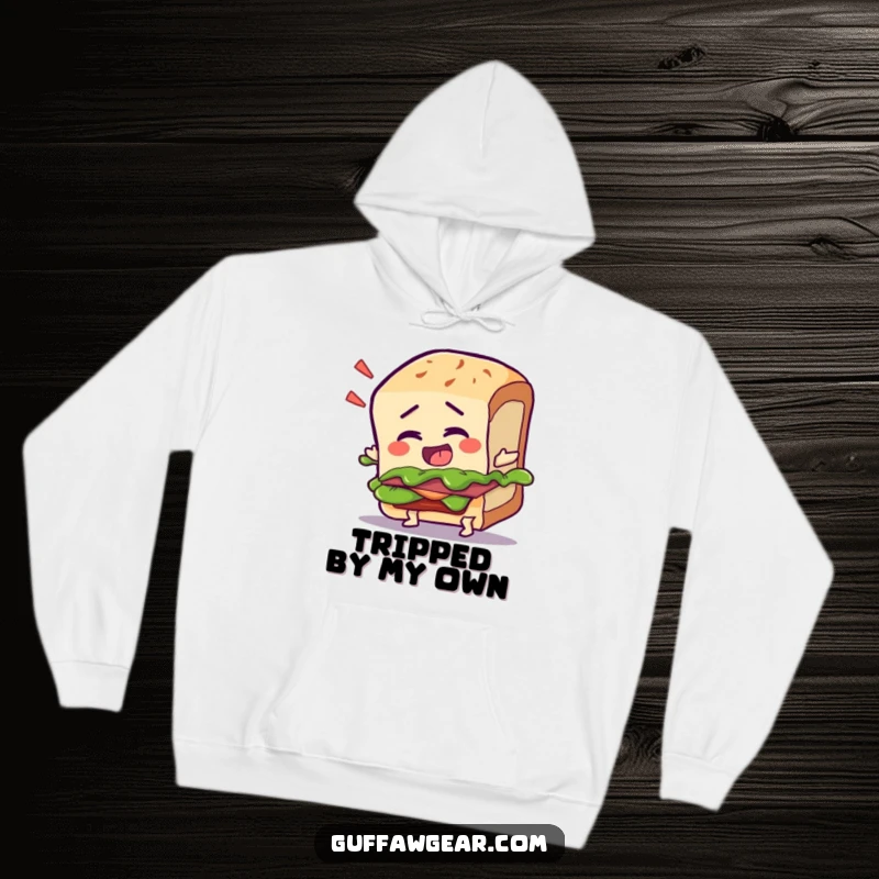 Funny hoodie featuring a talking sandwich character mid-fall over its crust, blending warmth with food-themed humor.