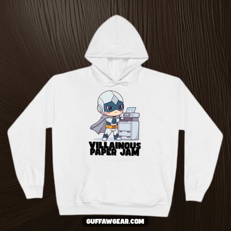 Funny hoodie showing a superhero awkwardly wrestling with a printer, a humorous depiction of everyday challenges for even the mightiest heroes.