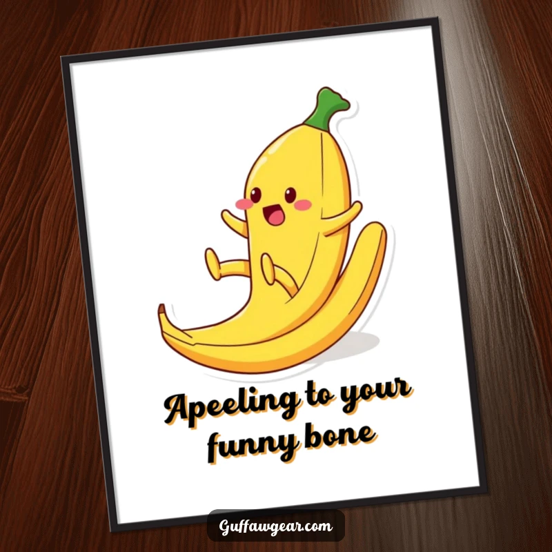 Funny Free Printable Wall Art: A cartoon food character comically slipping on a banana peel, legs flailing wildly, a hilarious moment.