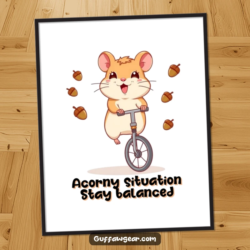 Funny Free Printable Wall Art: Hamster expertly riding a unicycle while juggling acorns, a captivating performance.