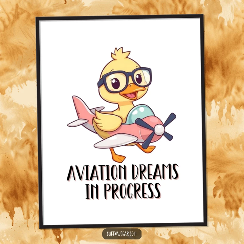 Funny Free Printable Wall Art: Determinded duck in oversized glasses pilots a tiny plane, striving for the sky.