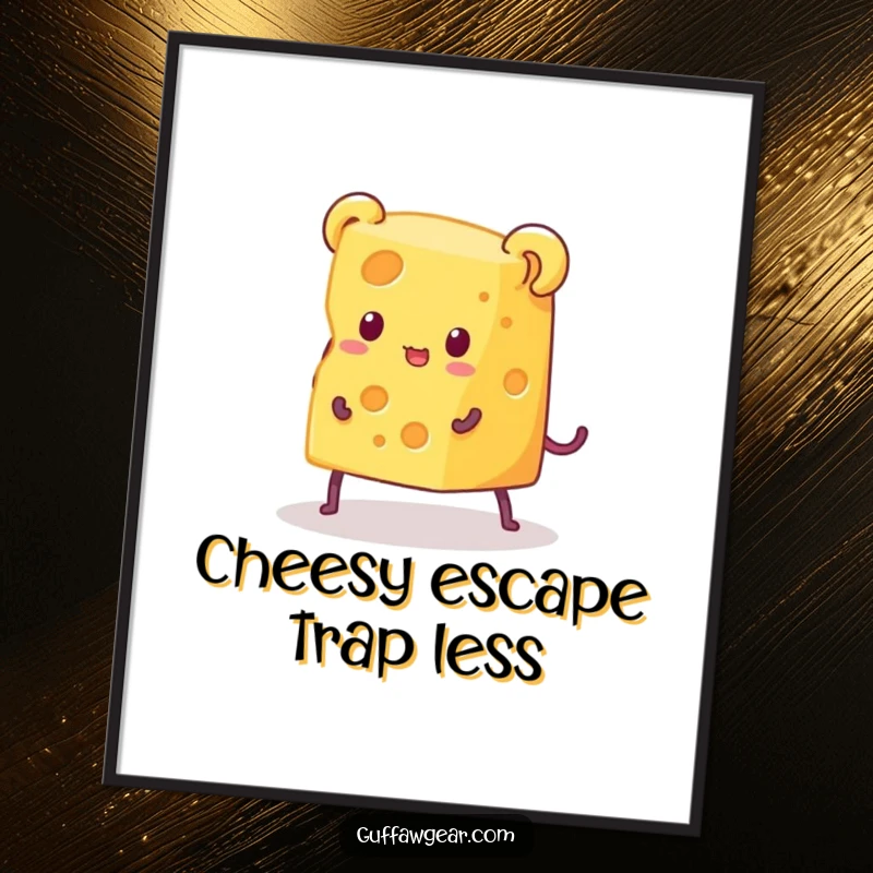 Funny free printable wall art of a piece of cheese with legs comically attempting escape from a comically small mouse trap.