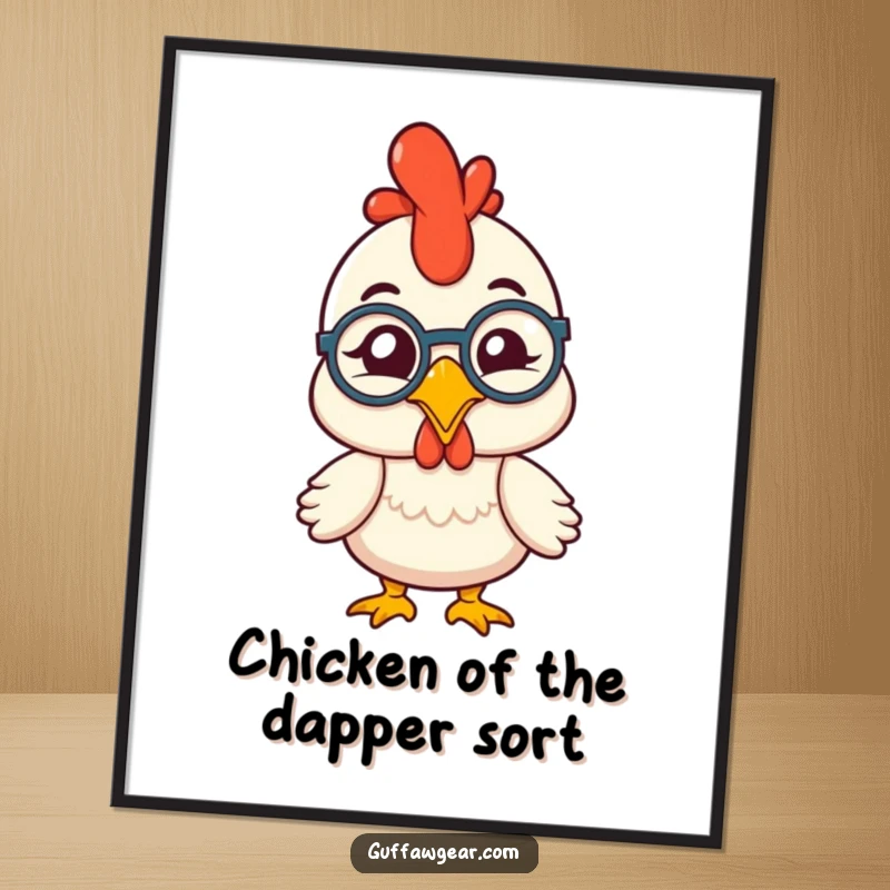 Funny free printable wall art: a rubber chicken wearing a monocle, winking comically, adding a touch of quirky humor to any space.