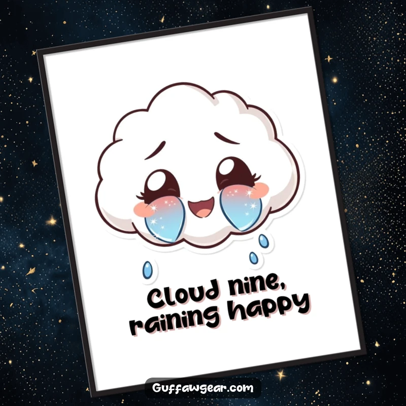 Funny free printable wall art: a cloud character crying huge, sparkly tears of pure joy, capturing emotional, happy moments.