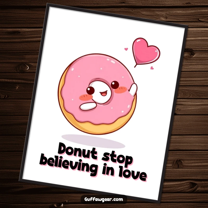 Funny Free Printable Wall Art: A blushing donut tries to catch a flying candy heart, a cute and heartwarming design.