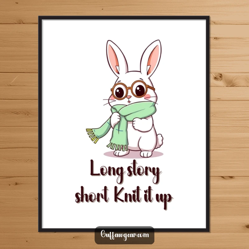 Funny Free Printable Wall Art: Rabbit wearing a monocle comically knitting a scarf that trails across the floor.