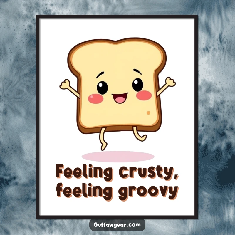 Funny free printable wall art: a slice of toast with legs performing a dynamic, frantic dance, adding lively whimsy.
