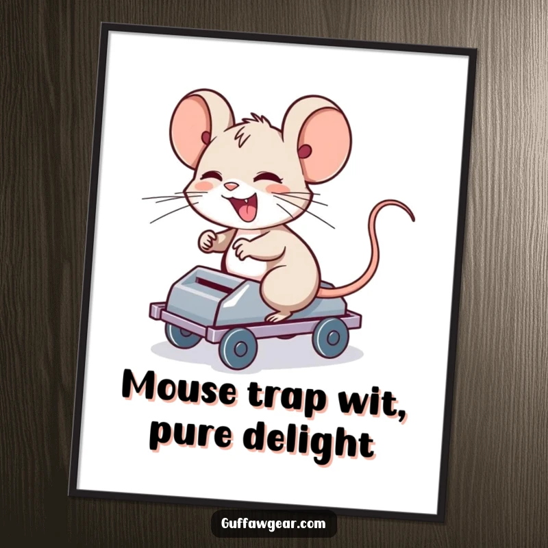 Funny Free Printable Wall Art: Giggling computer mouse character gleefully riding a tumbling mouse trap, a scene of chaotic fun.