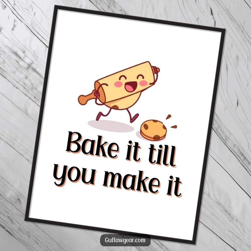Funny Free Printable Wall Art: A rolling pin character excitedly chases a fleeing cookie, depicting a humorous baking scene.