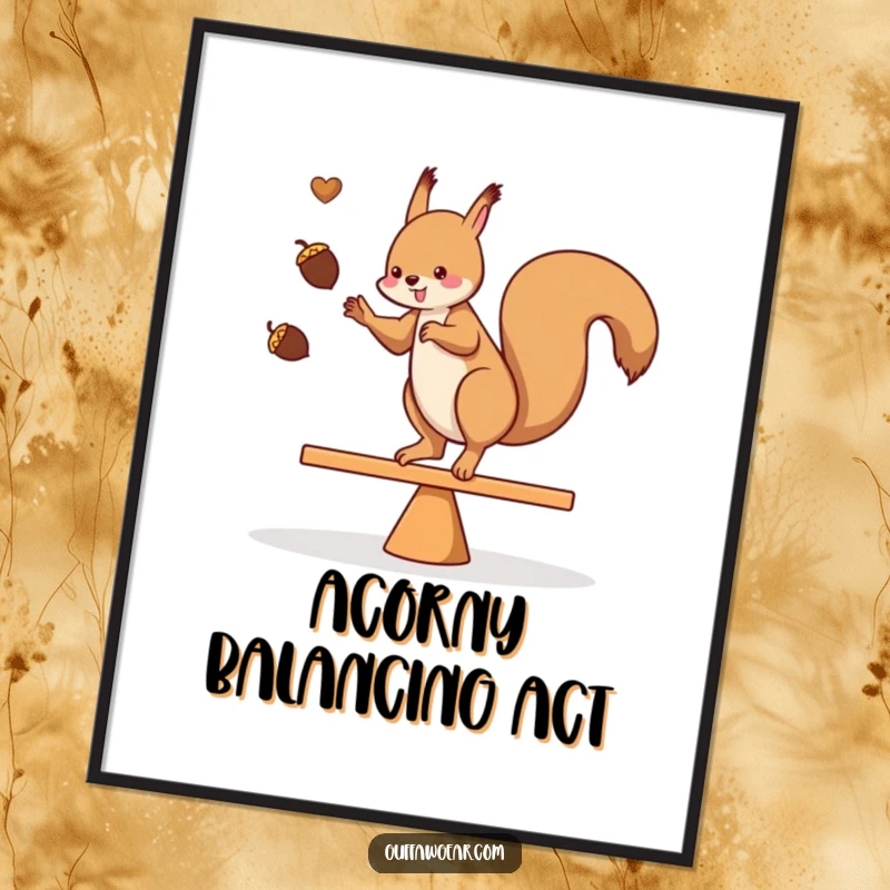 Funny Free Printable Wall Art: Agile squirrel skillfully juggles acorns on a teeter-totter, showcasing incredible balance.