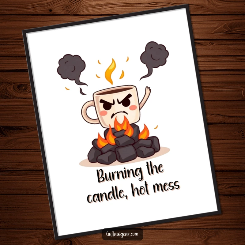 Funny Free Printable Wall Art: A grumpy coffee mug bravely juggling glowing hot coals, a bold statement piece.