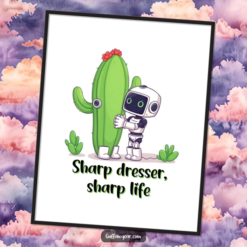 Funny Free Printable Wall Art: Tiny robot enthusiastically hugging a giant cactus, a quirky and humorous illustration.