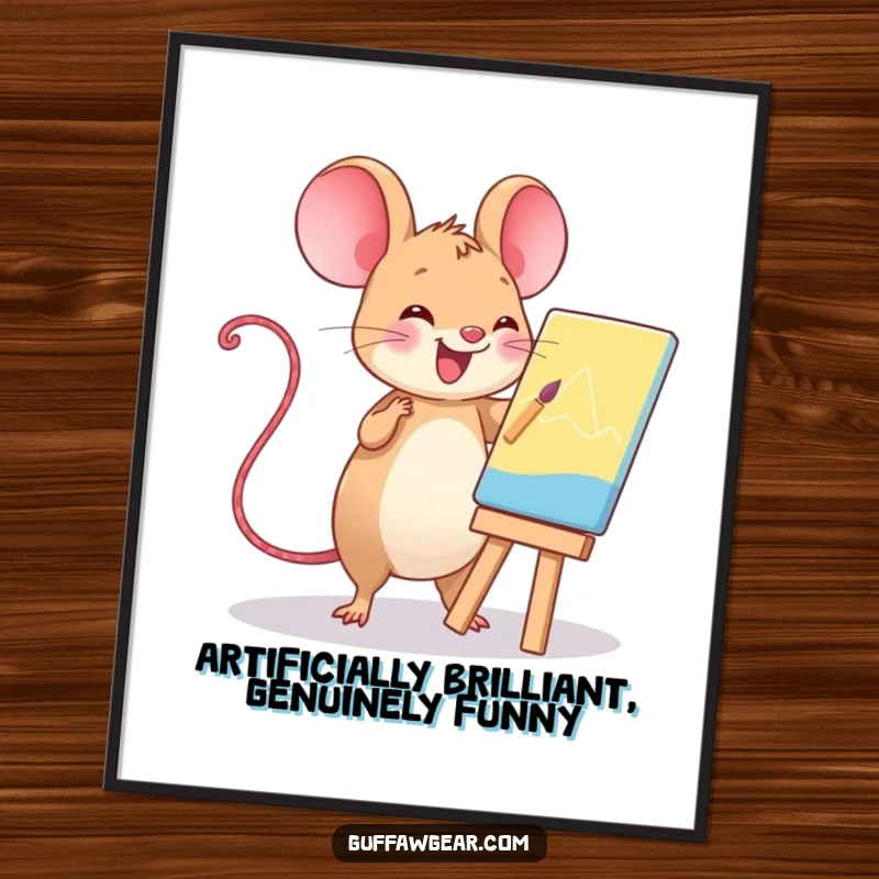 Funny Free Printable Wall Art: Kawaii computer mouse joyfully painting a masterpiece on a tiny easel.