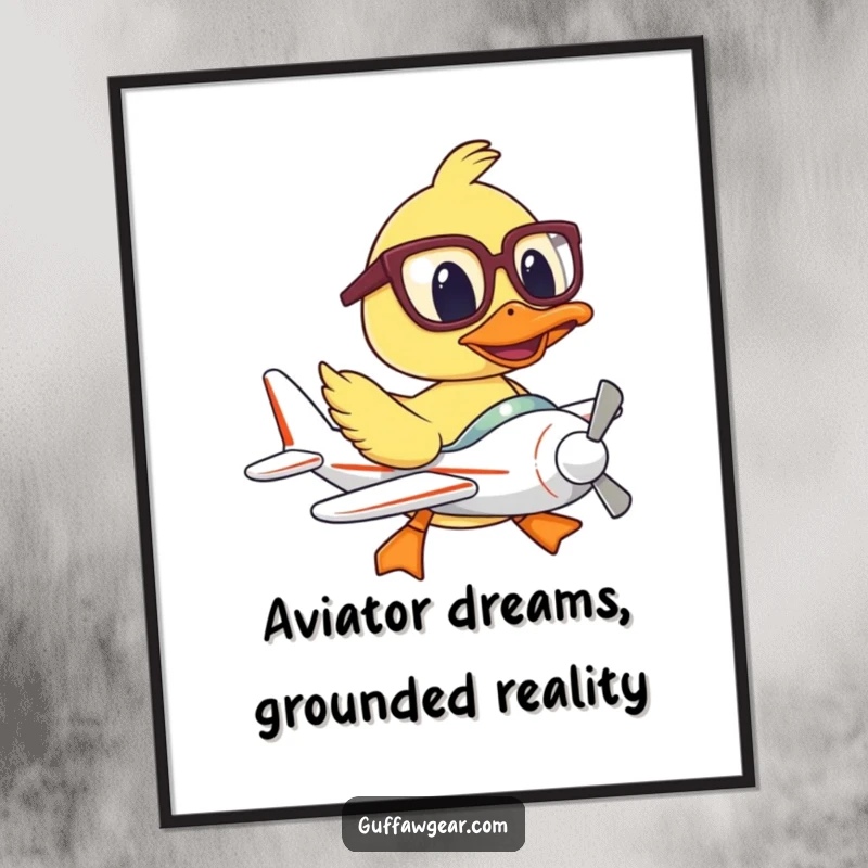 Funny free printable wall art: A duck in oversized glasses awkwardly pilots a miniature plane, a humorous decor piece.