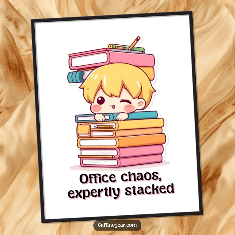 Funny Free Printable Wall Art: A character balancing a comically tall and unstable stack of office supplies, a visually amusing scene.