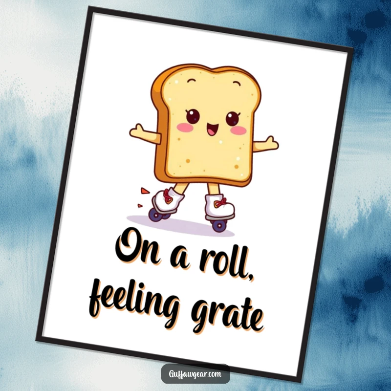 Funny Free Printable Wall Art: Kawaii toast wearing roller skates attempting a spin, full of motion.