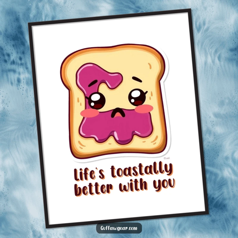 Funny Free Printable Wall Art: A piece of toast with jam running down its surprised face, perfect for a laugh.