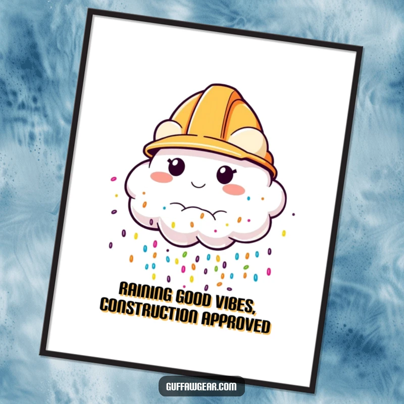 Funny Free Printable Wall Art: A cloud character wearing a construction helmet raining colorful sprinkles, creating a festive atmosphere.