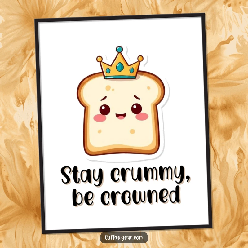 Funny Free Printable Wall Art: A delighted slice of bread character wearing a miniature golden crown.