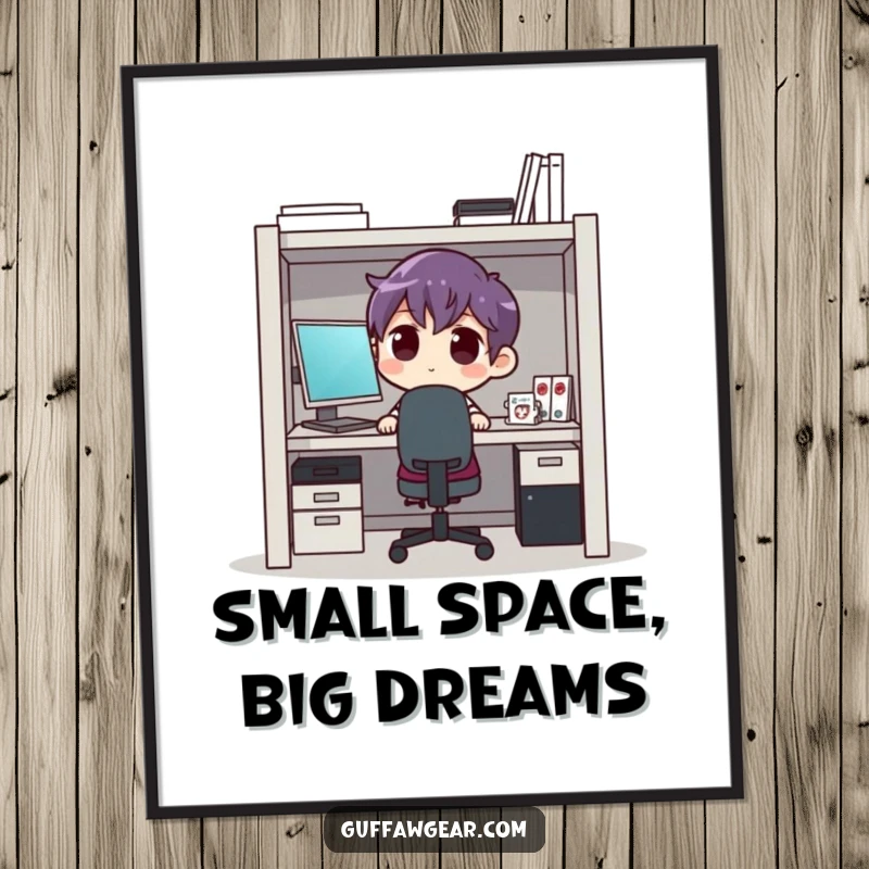 Funny Free Printable Wall Art depicting a character attempting to fit into an extremely small office cubicle, a comical downloadable art piece.