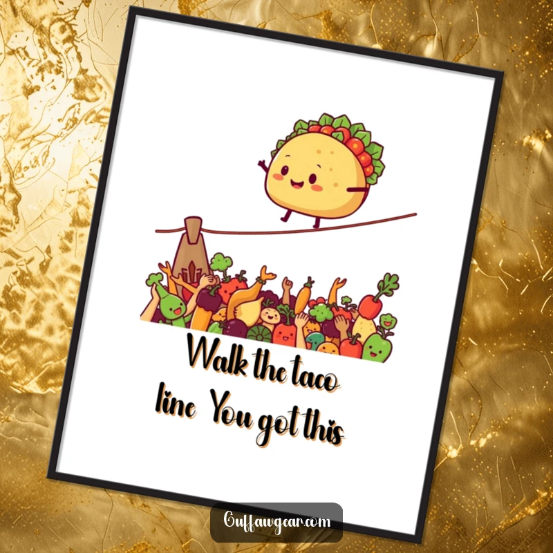 Funny Free Printable Wall Art: A smiling taco balances on a tightrope over cheering vegetables, a dynamic and whimsical piece.