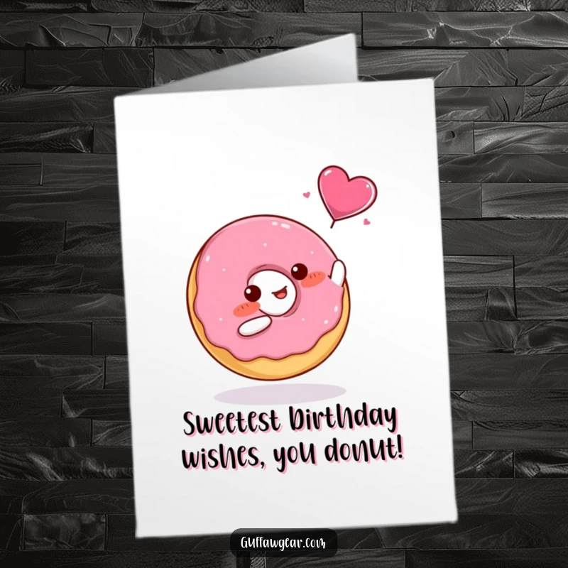 Funny Free Printable Birthday Card: A blushing donut tries to catch a flying candy heart, a sweet birthday surprise.
