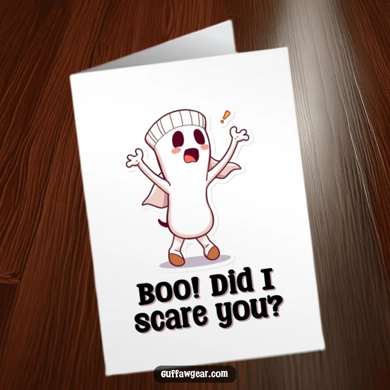 Funny Free Printable Birthday Card featuring a dancing sock with a bewildered ghost popping out, a comical and spooky scene.