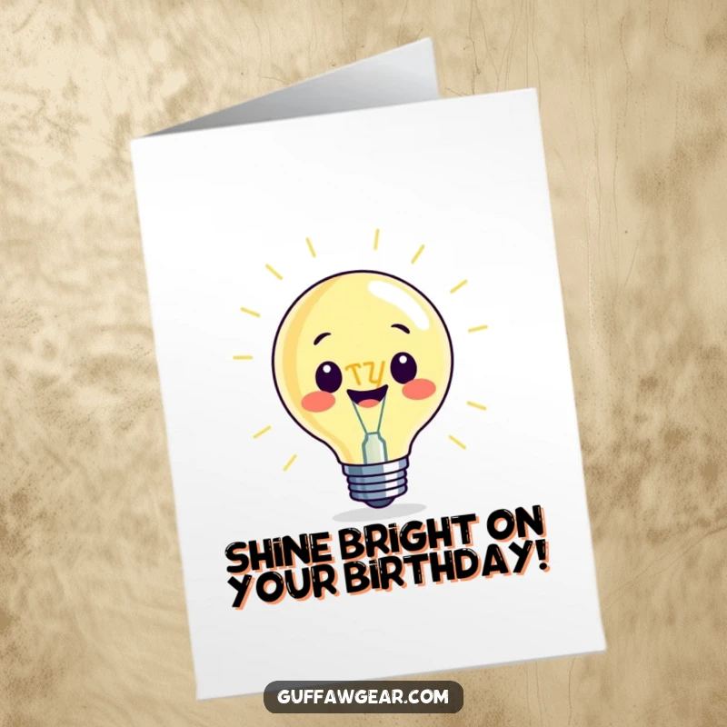 Funny Free Printable Birthday Card: A beaming lightbulb character shines brightly with an exaggeratedly large filament.