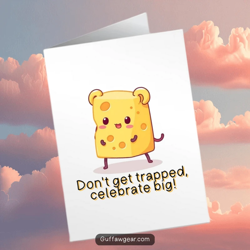 Funny free printable birthday card showing a piece of cheese with legs comically trying to escape a tiny mouse trap.