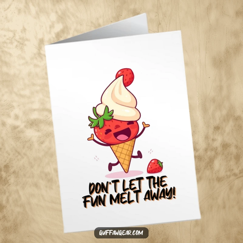 Funny free printable birthday card: a startled strawberry runs from a laughing ice cream cone, a comedic DIY gift.