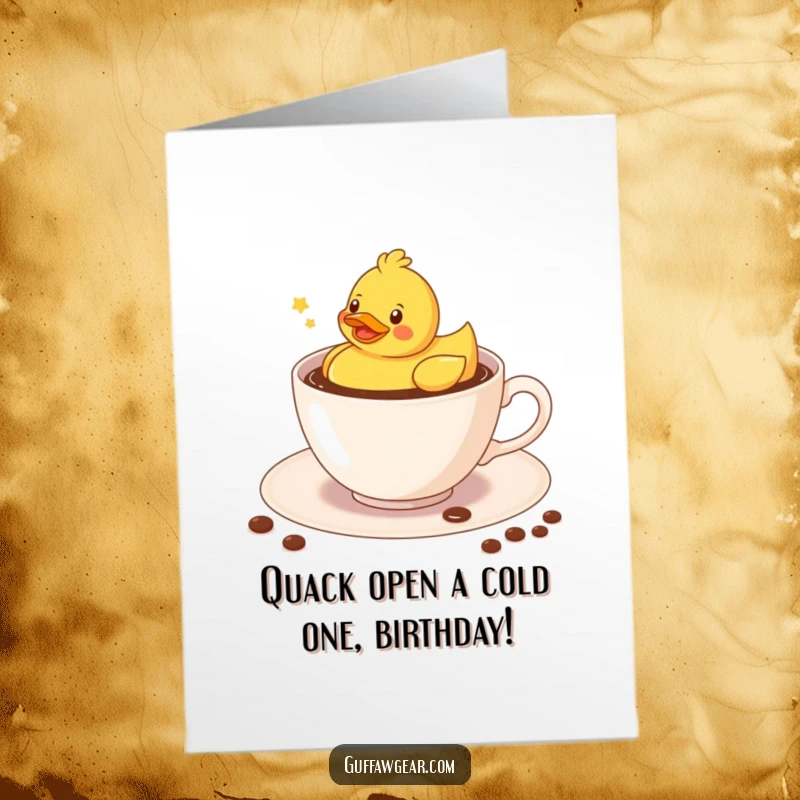 Funny Free Printable Birthday Card: Kawaii rubber duck floating merrily in a teacup of coffee.