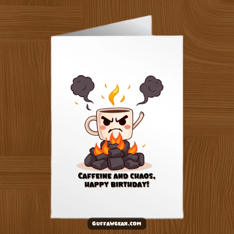 Funny Free Printable Birthday Card: Grumpy coffee mug precariously juggling glowing hot coals with a scowl.