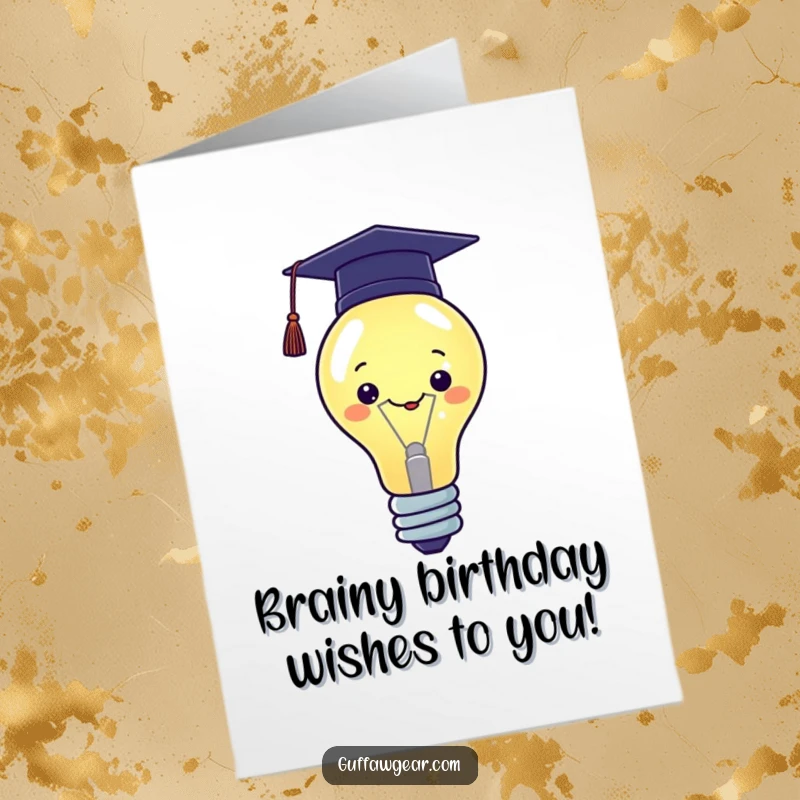 Funny Free Printable Birthday Card: Proud Kawaii lightbulb wears a graduation cap, symbolizing bright ideas and achievement.