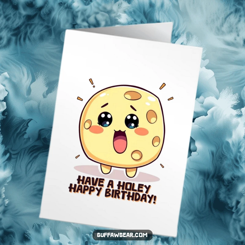 Funny Free Printable Birthday Card: Surprised piece of cheese character with many holes rapidly appearing, a comical birthday surprise.