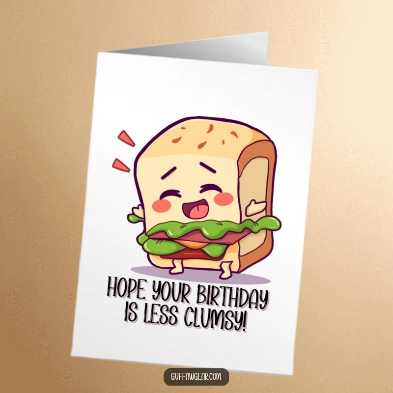 Funny Free Printable Birthday Card: Talking sandwich character hilariously trips over its own crust, adding slapstick humor.