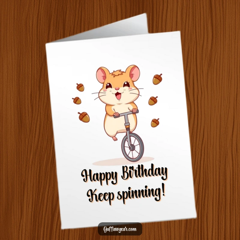 Funny Free Printable Birthday Card: Hamster riding unicycle while juggling acorns, a display of amazing skill.