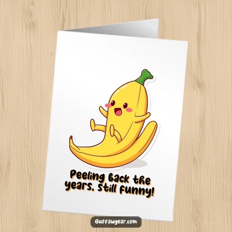 Funny Free Printable Birthday Card: A cartoon food character comically slipping on a banana peel, legs in the air, pure slapstick.