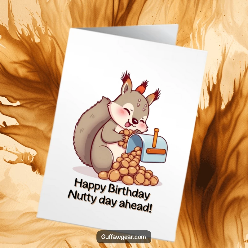 Funny Free Printable Birthday Card: Squirrel struggling to stuff nuts into a tiny mailbox, a comical scene.
