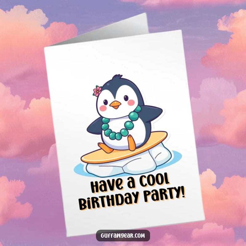 Funny Free Printable Birthday Card: Penguin with lei sliding on ice floe like a surfboard, a hilarious downloadable gift.